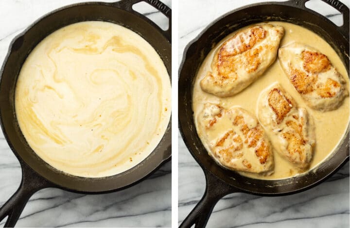 making honey mustard sauce in a skillet and adding chicken