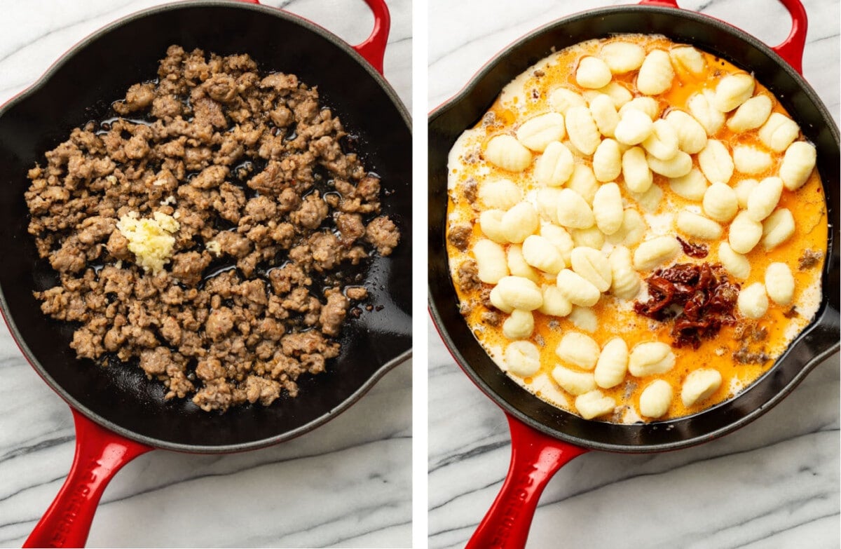 sauteing italian sausage in a skillet and adding in gnocchi and tomatoes