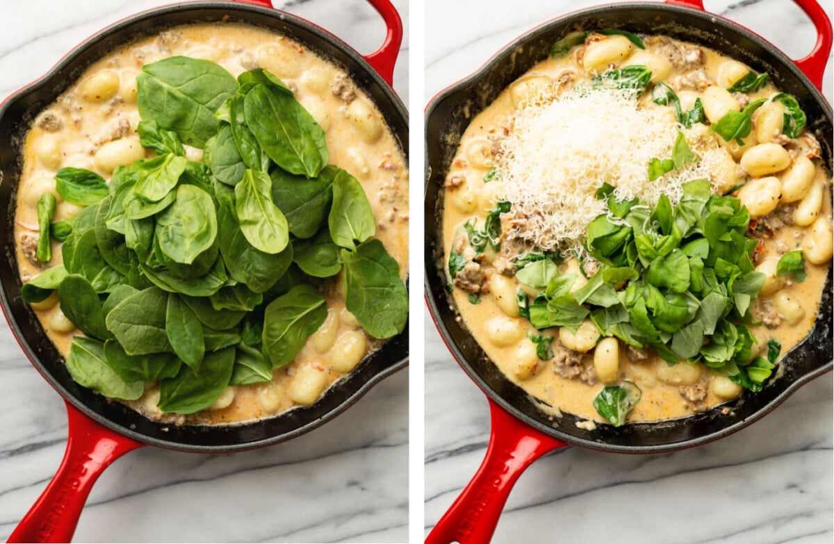 adding spinach, parmesan, and basil to a skillet with creamy gnocchi