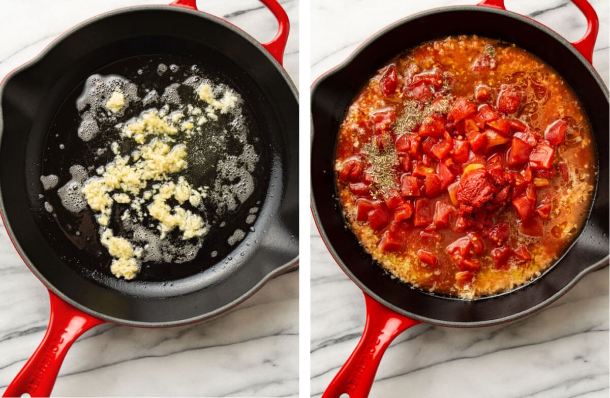 sauteing garlic in a skillet and adding tomatoes and seasoning