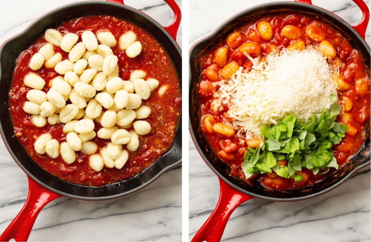 adding gnocchi to a skillet with tomato sauce and stirring in cheese and basil
