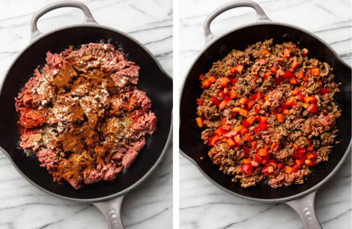 cooking ground beef for taco pasta in a skillet