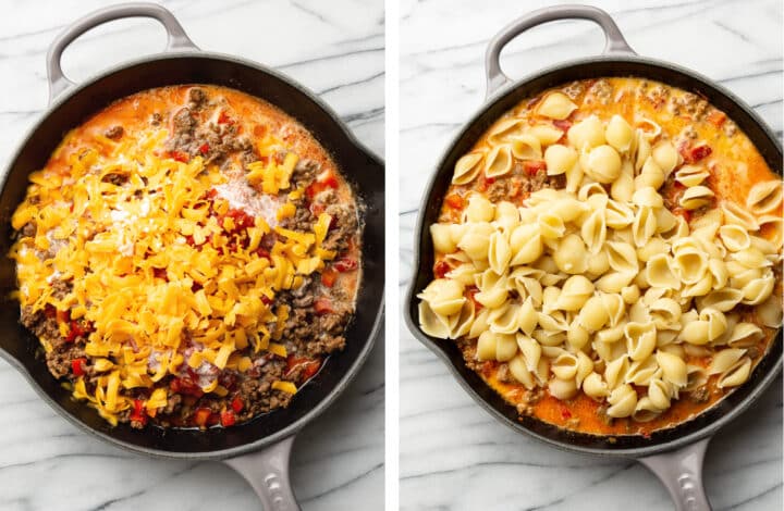 adding cheese and pasta to a skillet for taco pasta