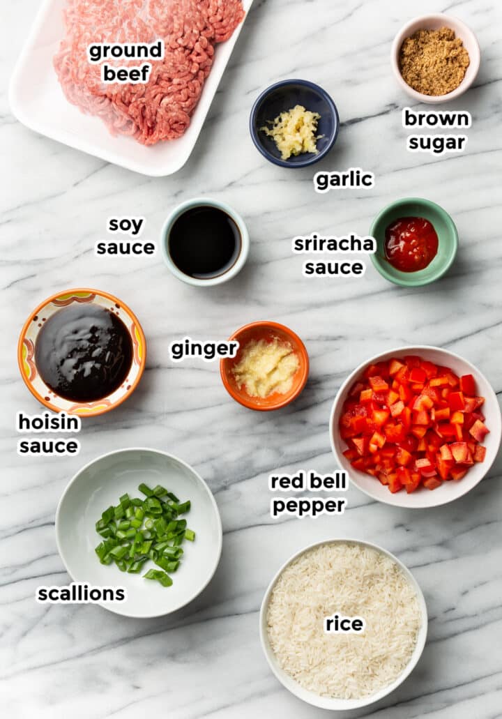 ingredients for beef bowls in prep bowls