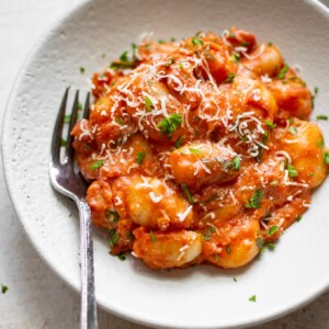 one pan gnocchi with tomato sauce in a white bowl