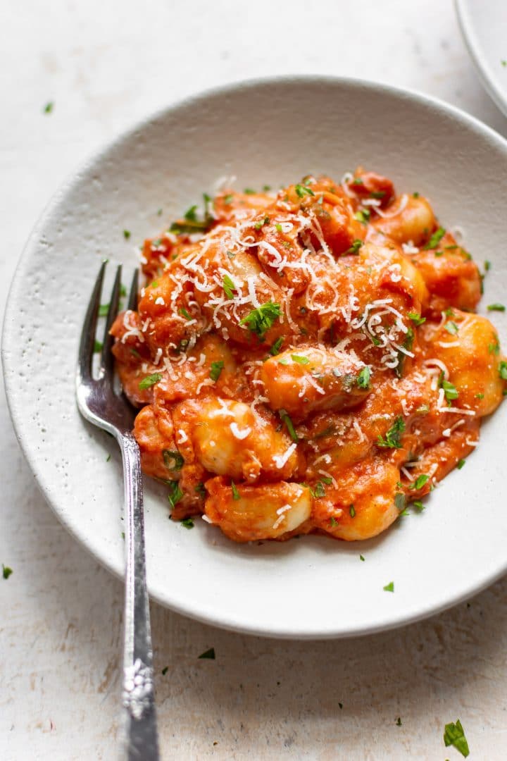 one pan gnocchi with tomato sauce in a white bowl