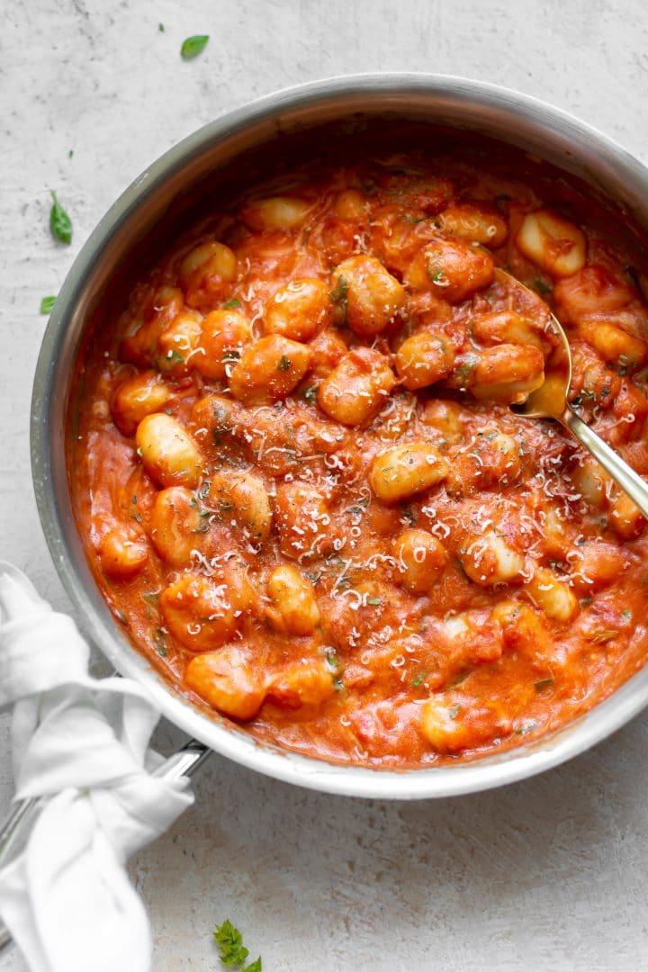 gnocchi with pomodoro sauce in a skillet