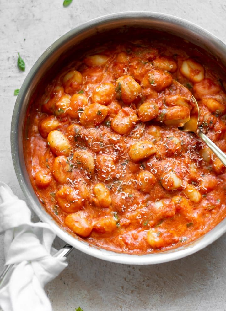 gnocchi with pomodoro sauce in a skillet