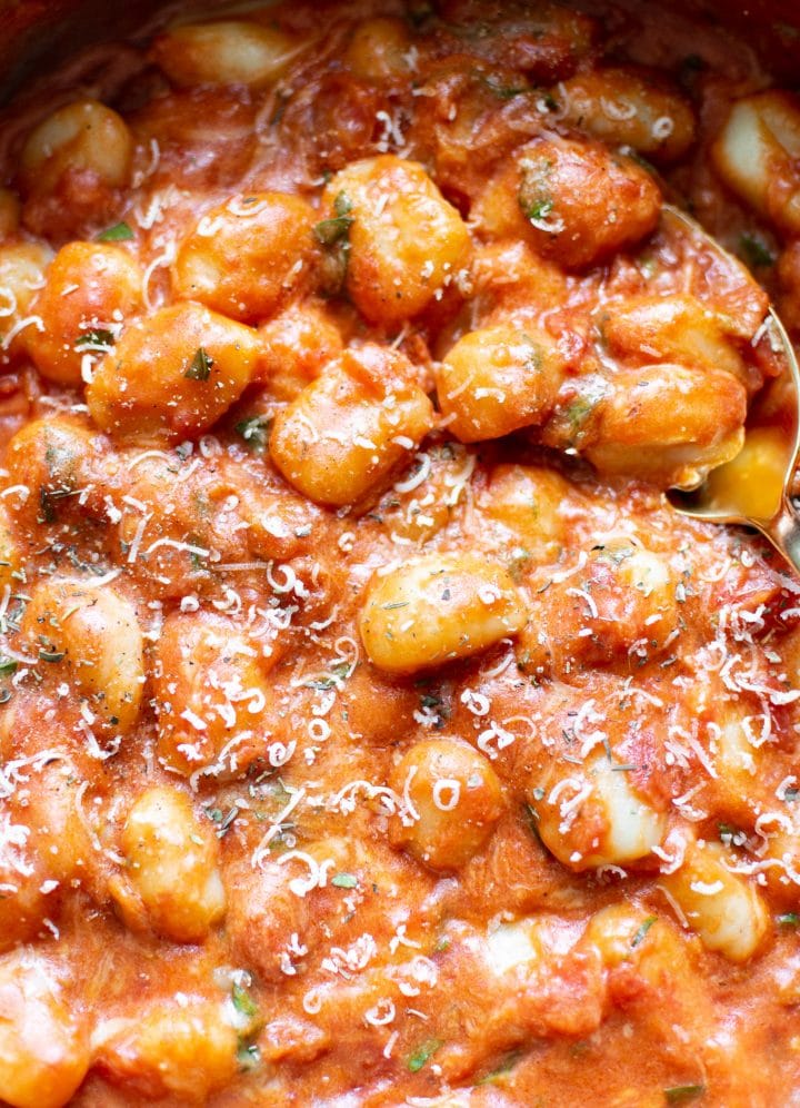 close-up of gnocchi with tomato sauce
