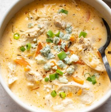 close-up of creamy buffalo chicken soup in a bowl