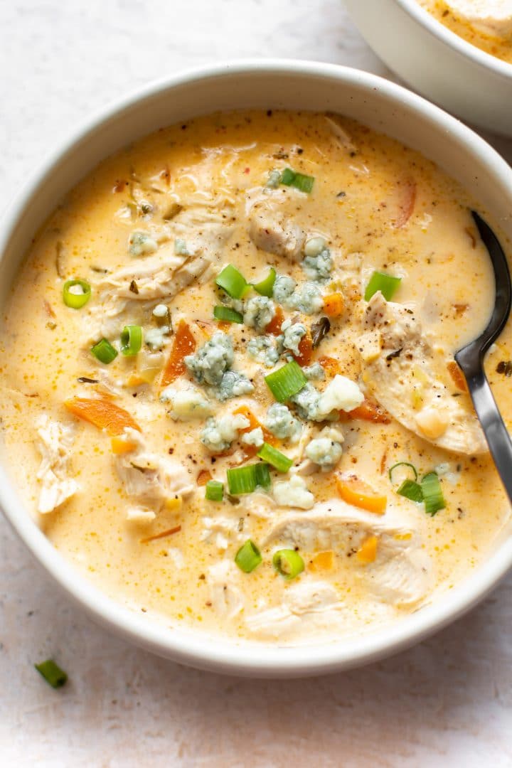 close-up of creamy buffalo chicken soup in a bowl