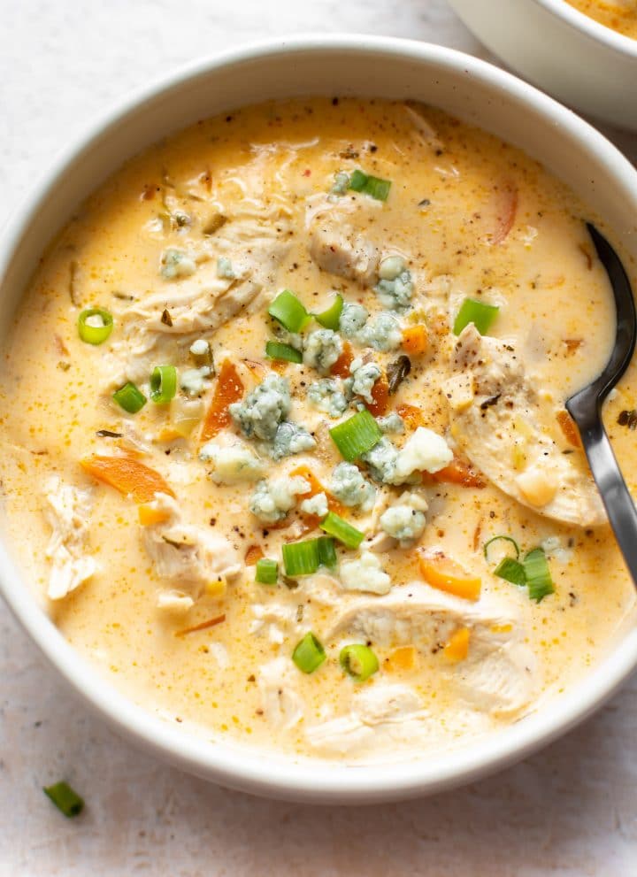 close-up of creamy buffalo chicken soup in a bowl