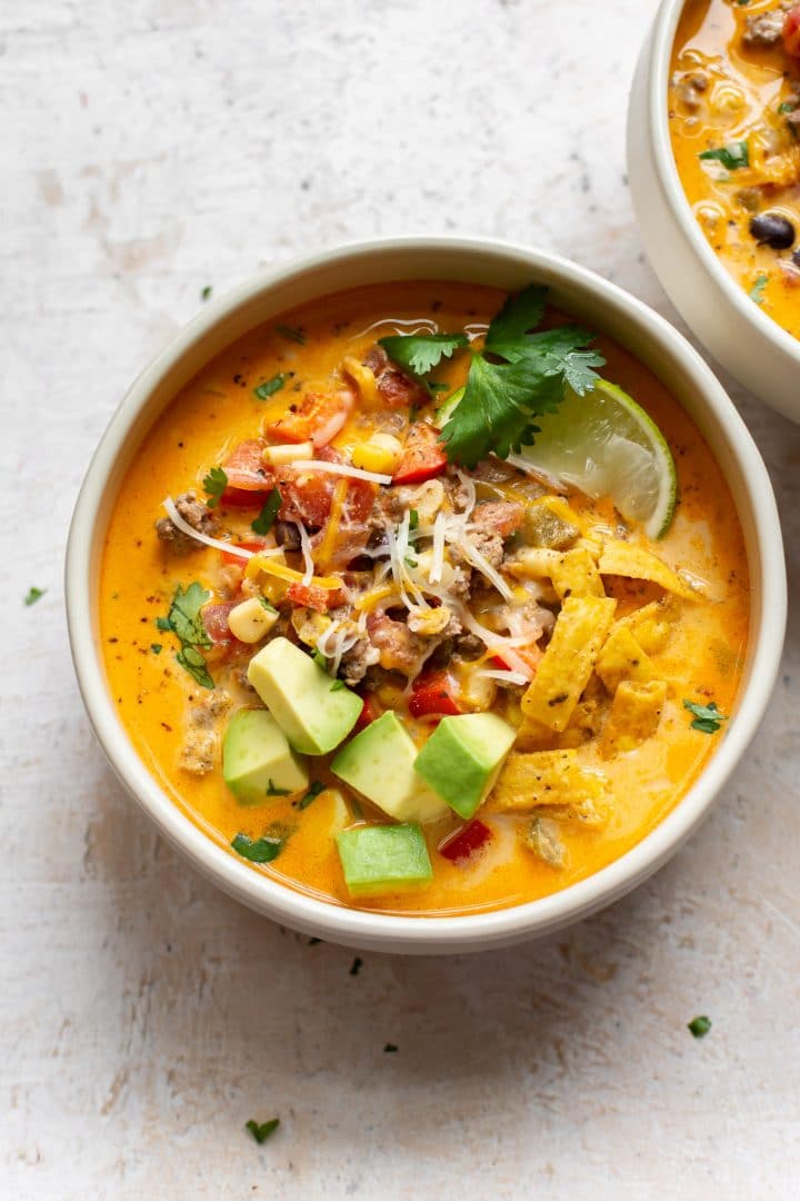 creamy southwest taco soup in two bowls