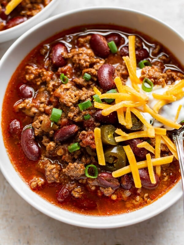 close-up of beef chili in a white bowl