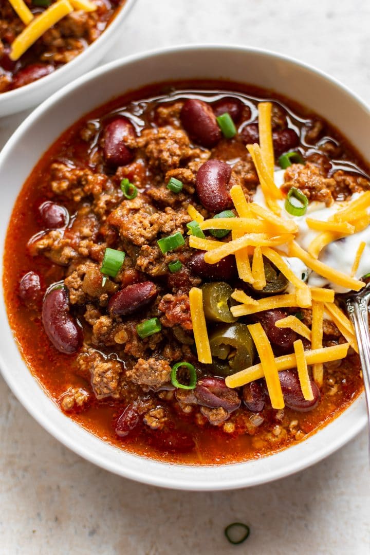 close-up of beef chili in a white bowl