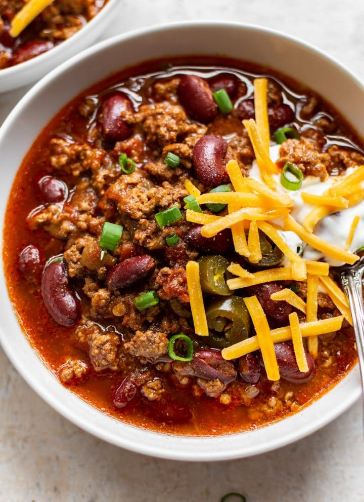 close-up of beef chili in a white bowl