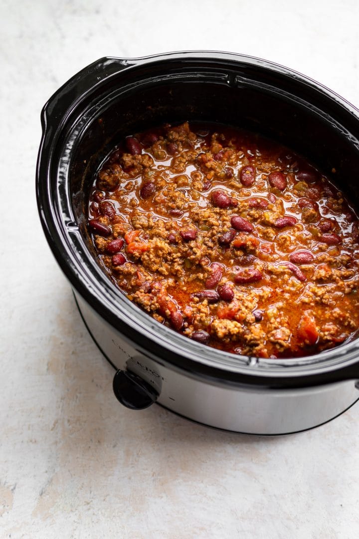 ground beef chili in a slow cooker