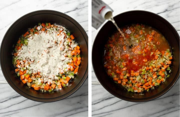 sauteing carrots, celery, and onion in a soup pot and adding flour and broth