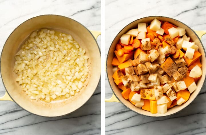 sauting onion and garlic in a soup pot and adding chopped vegetables for butternut squash soup