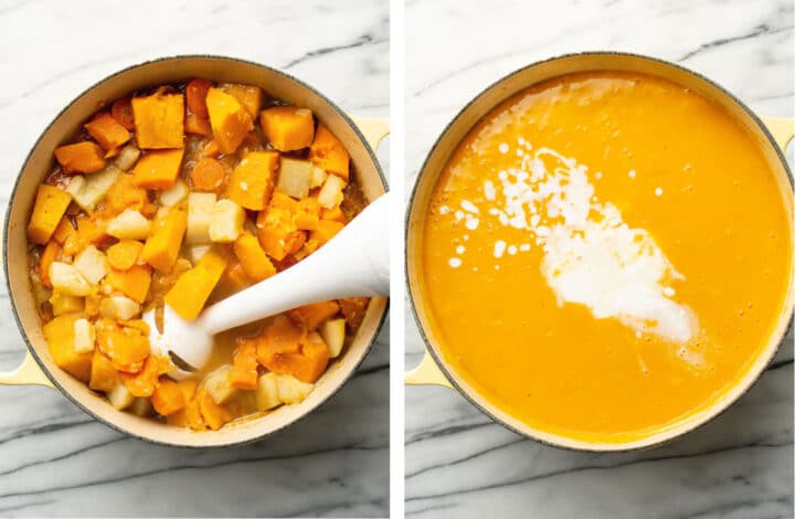 butternut squash soup before and after pureeing with an immersion blender