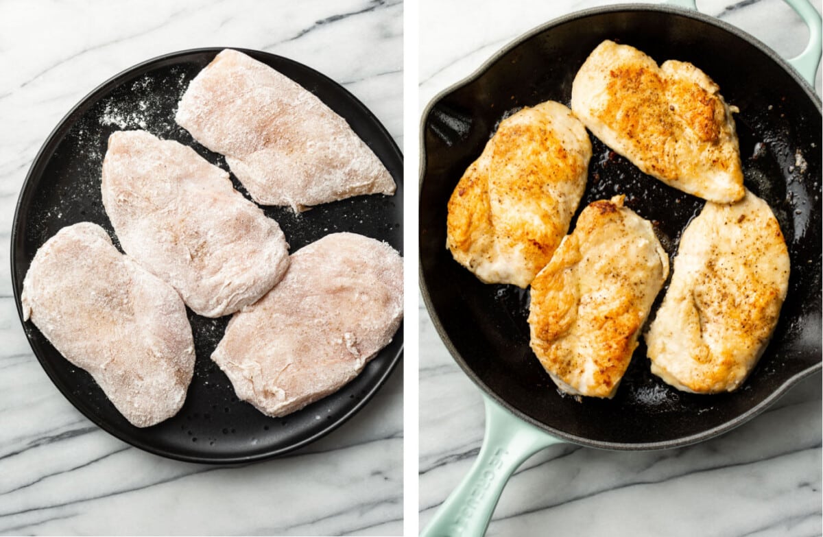 seasoning chicken and pan frying in a skillet until golden