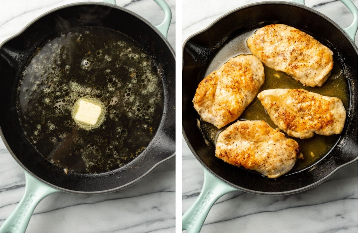 making a honey lemon pan sauce and returning chicken to the skillet