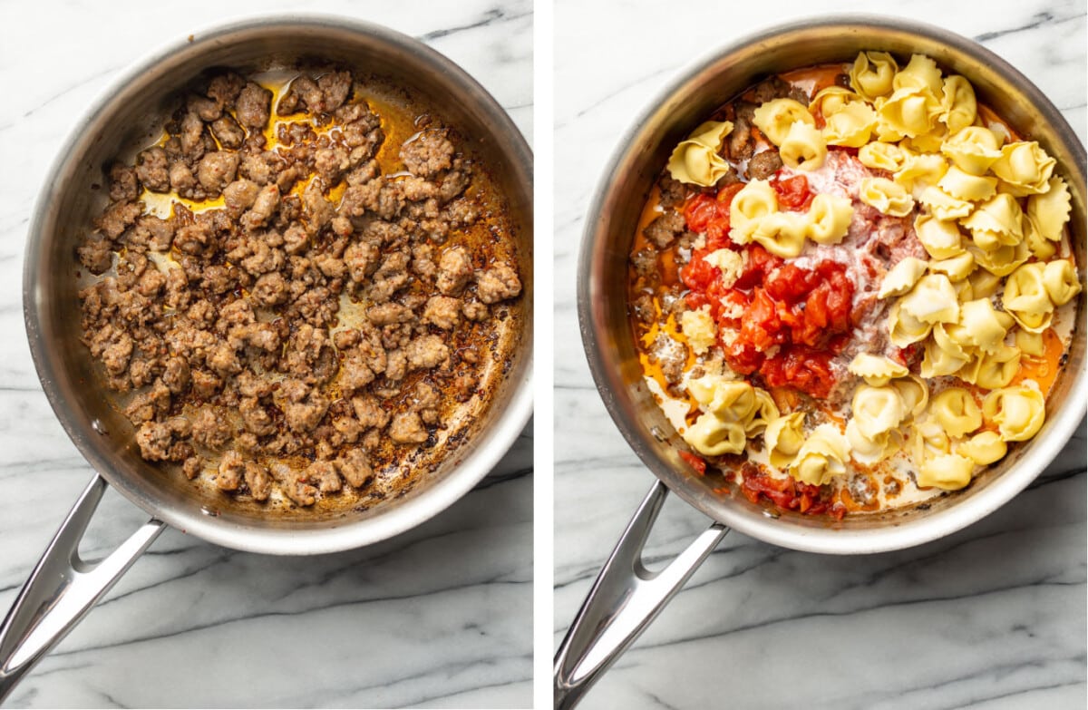 cooking italian sausage in a skillet and adding broth, tortellini, and seasonings