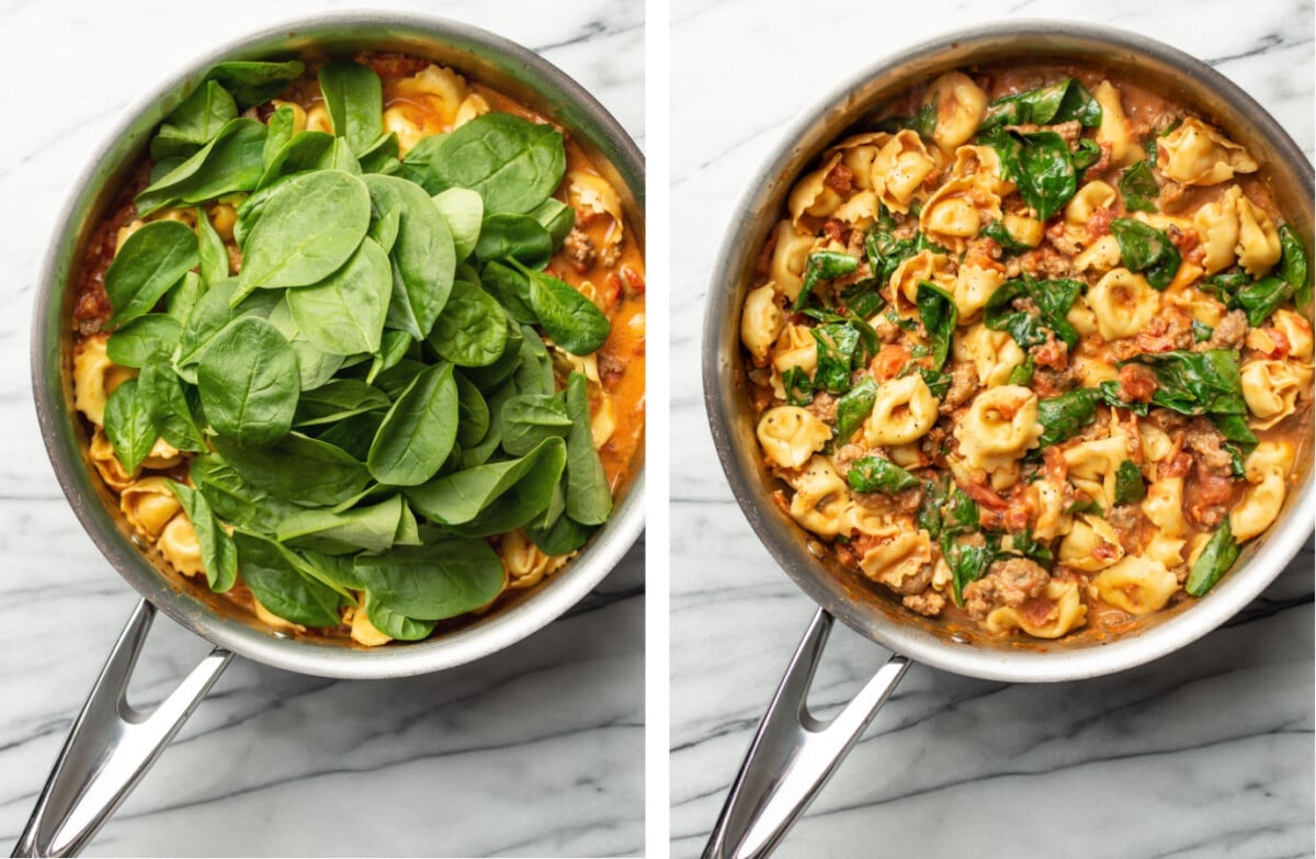 adding spinach to a skillet of sausage tortellini and cooking it through