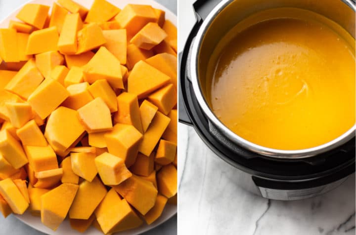 Instant Pot butternut squash soup collage (chopped raw butternut squash on a plate and the cooked soup in the Instant Pot)