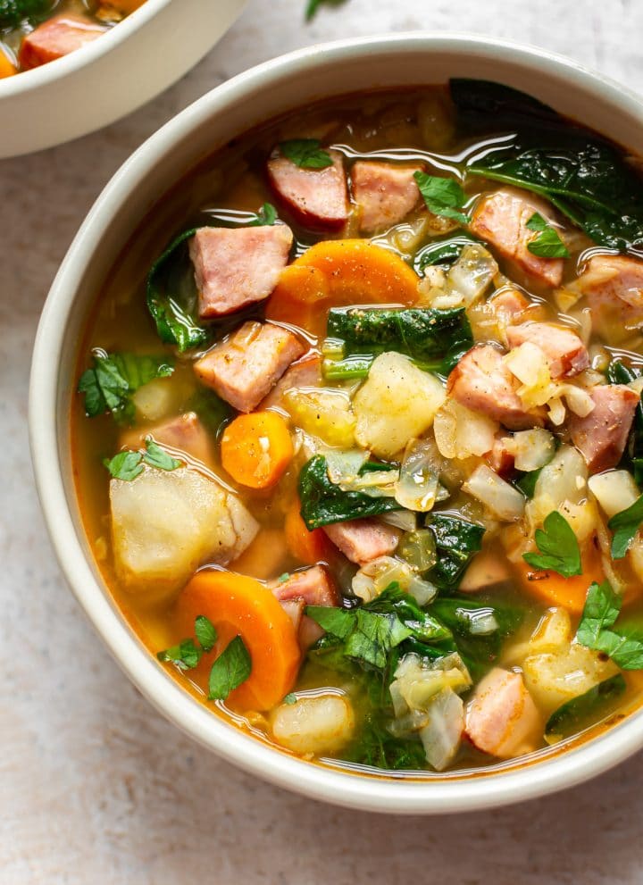kielbasa potato soup close-up
