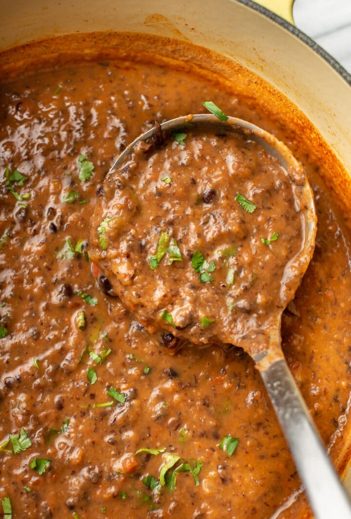 a ladle in a pot of black bean soup