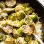 close-up spoonful of brussels sprouts au gratin