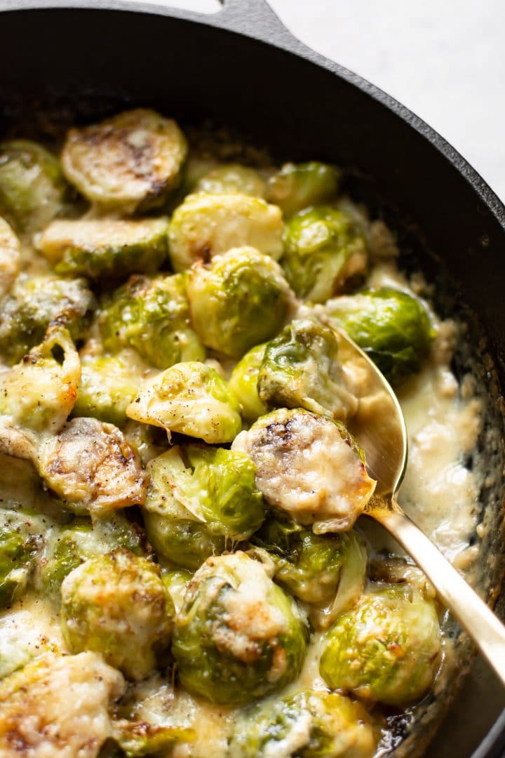 close-up spoonful of brussels sprouts au gratin