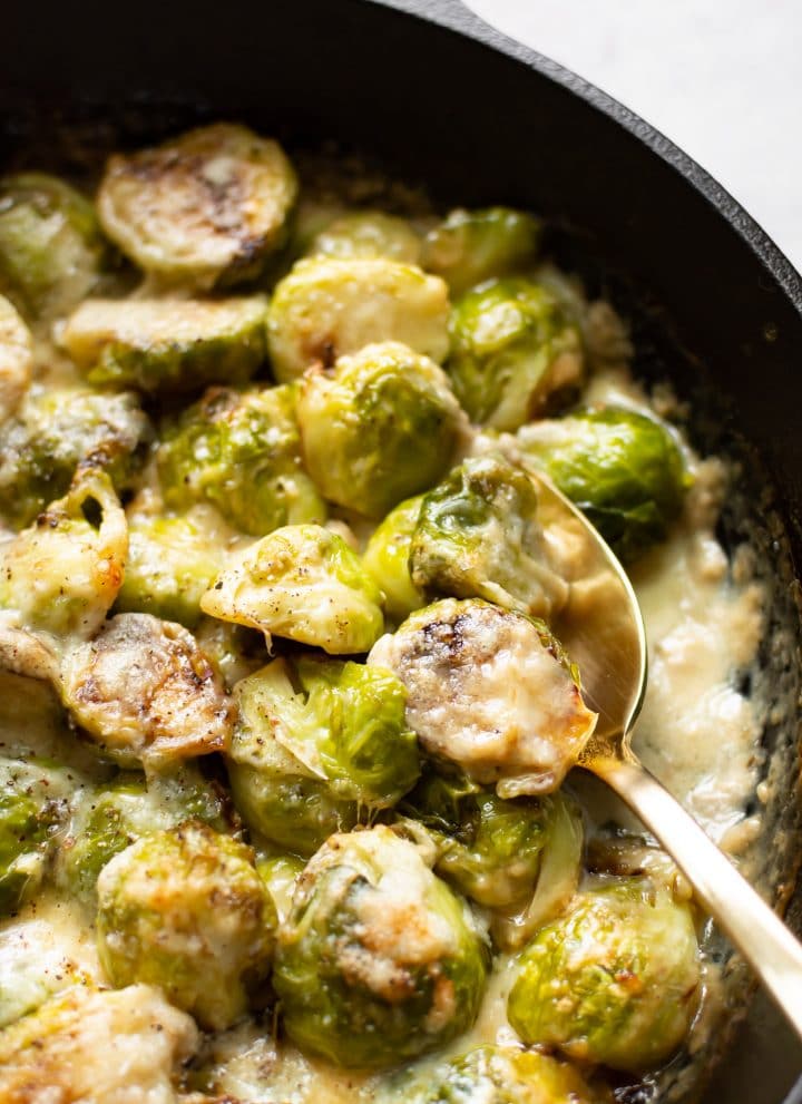 close-up spoonful of brussels sprouts au gratin