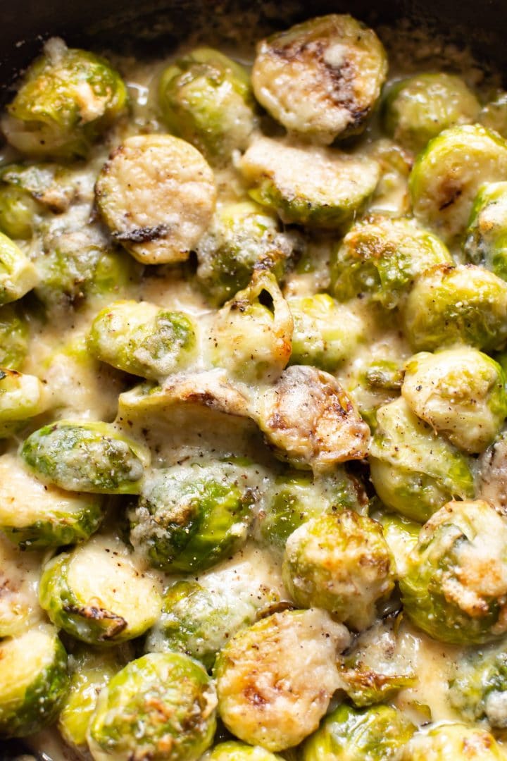 close-up of cheesy Brussels sprouts gratin 