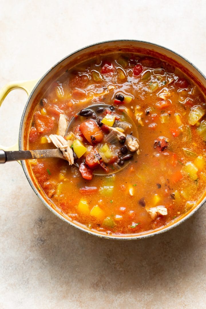 chicken fajita soup in a yellow pot