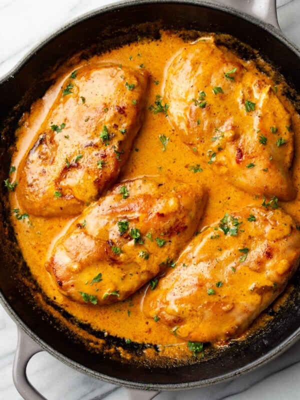 a skillet with chicken lazone