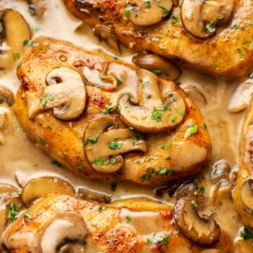 closeup of a skillet with chicken marsala