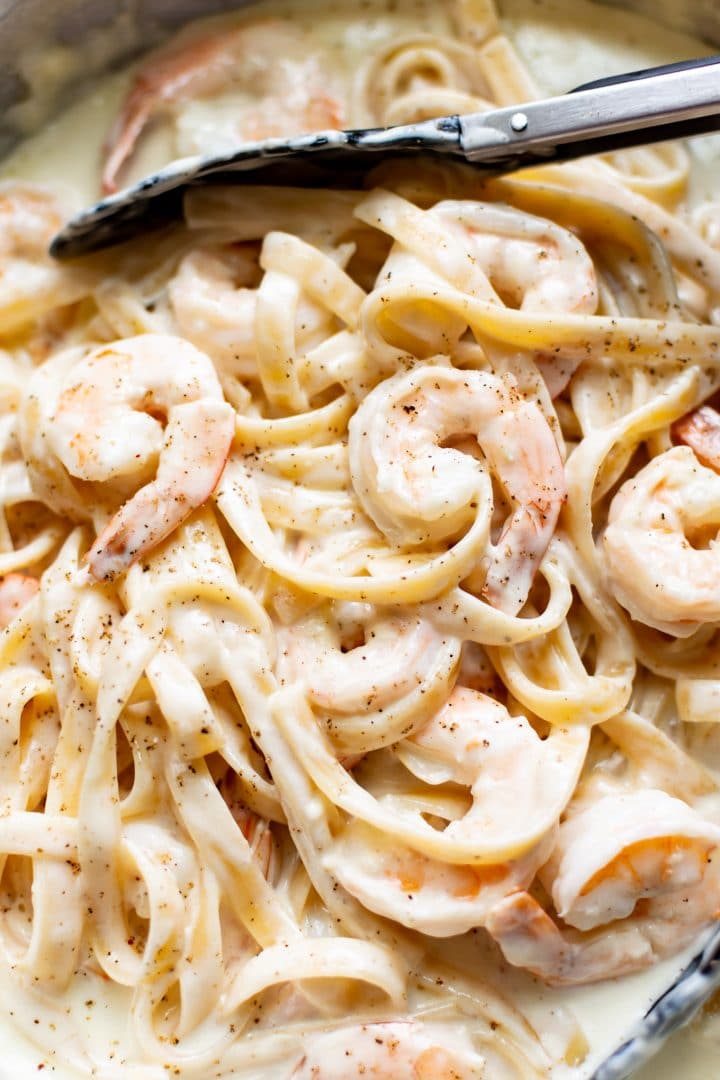 Close-up of the best shrimp alfredo recipe!