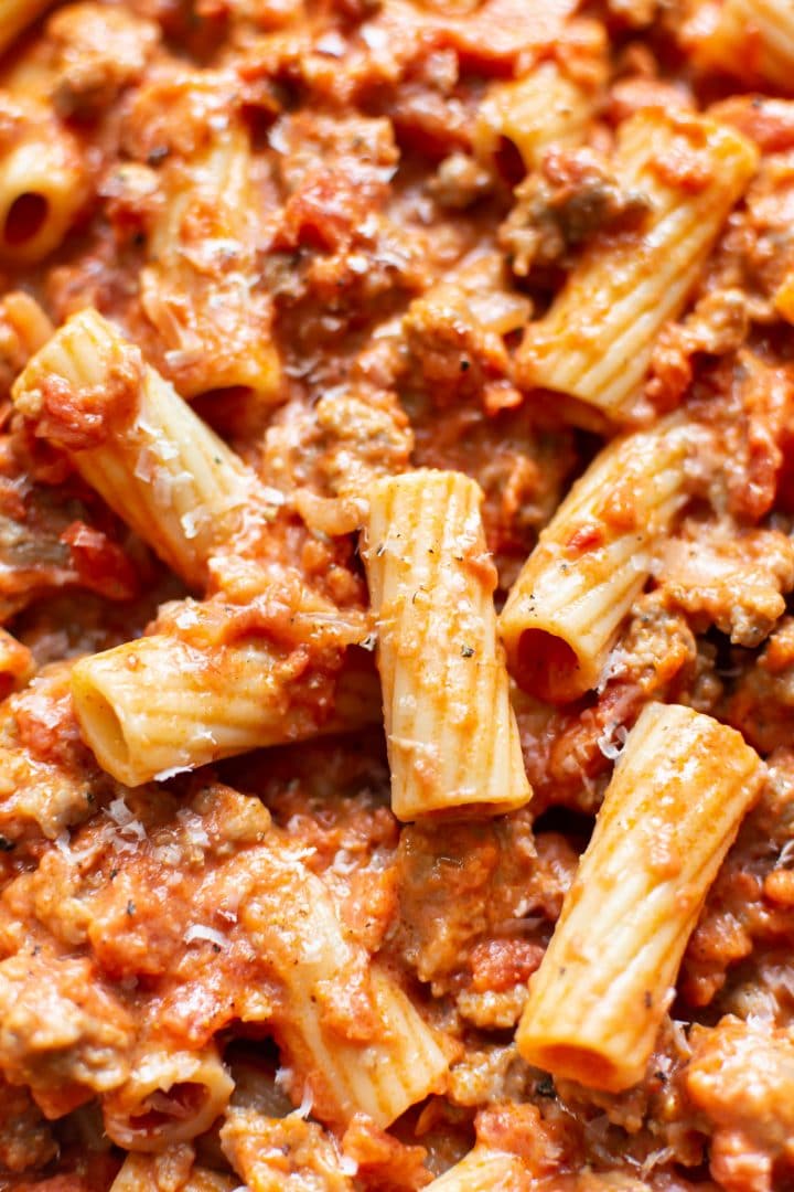 extreme close-up of spicy sausage rigatoni
