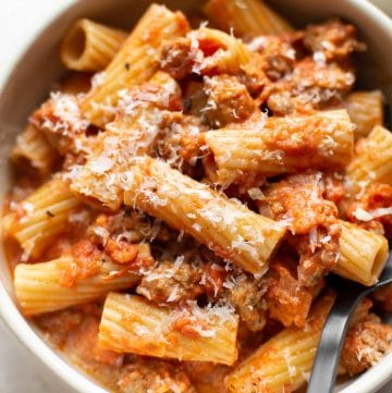 close-up of rigatoni and sausage pasta