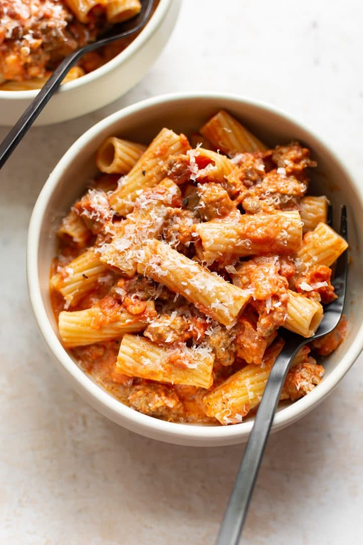 Italian sausage rigatoni in two bowls