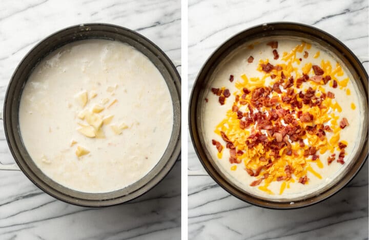 adding potatoes, cheddar, and bacon to baked potato soup