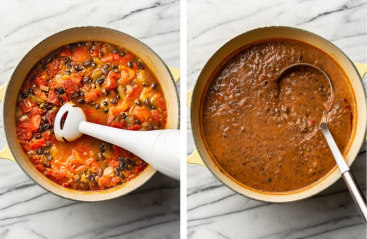 using an immersion blender to puree black bean soup