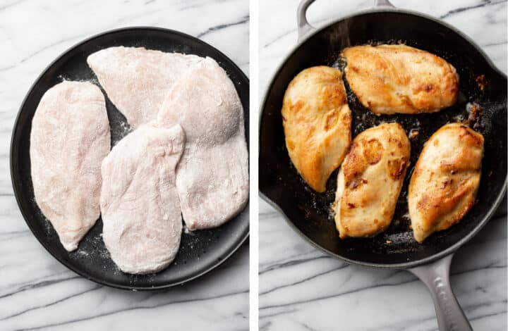 dredging chicken in flour and pan frying in a cast iron skillet