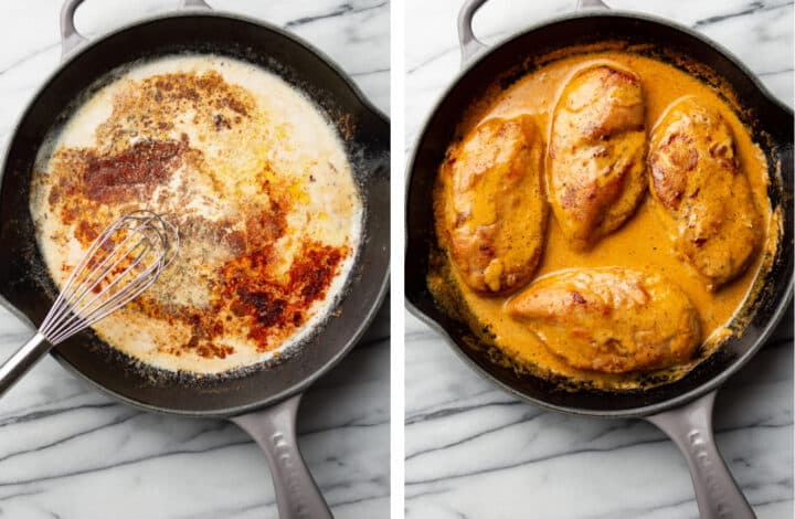 making creamy cajun sauce for chicken lazone in a skillet