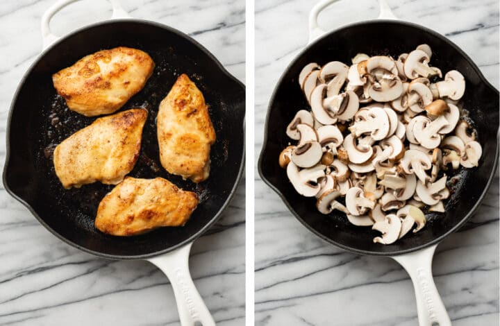 pan searing chicken and mushrooms in a cast iron skillet