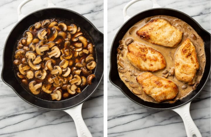 finishing the sauce and adding chicken back into a skillet for chicken marsala