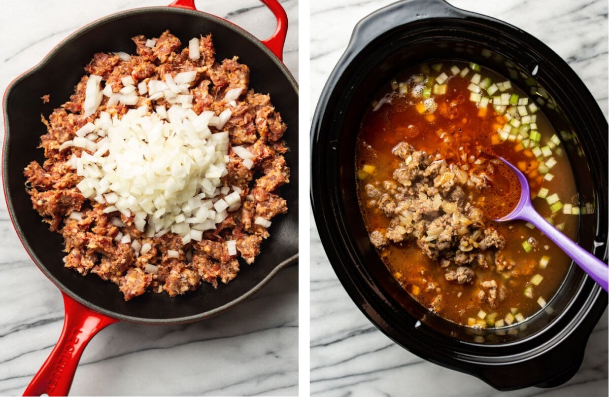 sauteing italian sausage and onions in a skillet and adding to a slow cooker