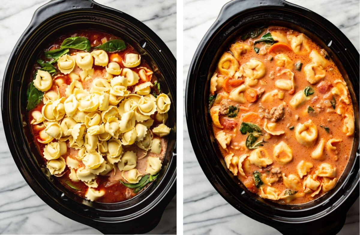 a slow cooker with tortellini and italian sausage soup before and after cooking